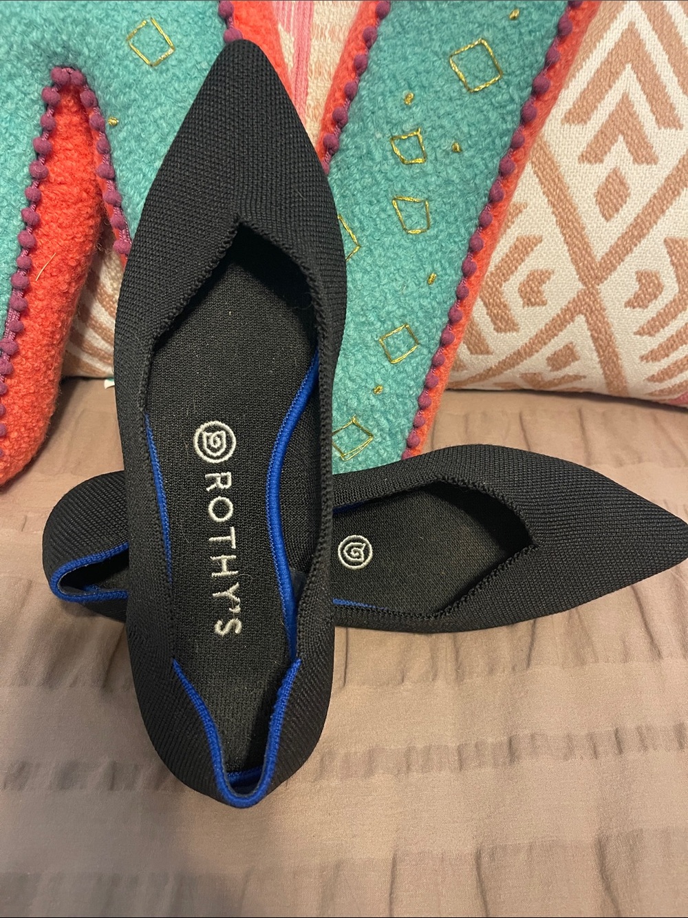 Rothy's Black The Point Knit Flats with Blue Trim 8.5